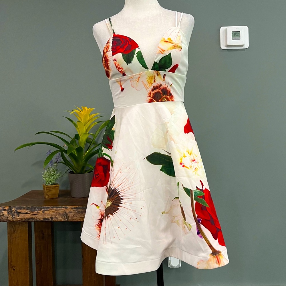 Tiger Mist Floral Mini Dress White with Red Roses Sunflowers Spaghetti Straps